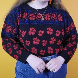 Vintage 80s Black Knit Floral Chunky Sweater, XL